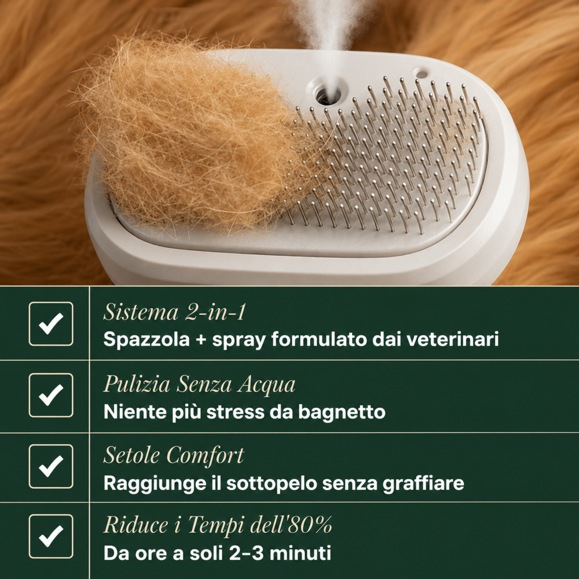 La Prima Spazzola che Rinfresca il Tuo Cane in 2 Minuti. Senza Acqua, Senza Stress.