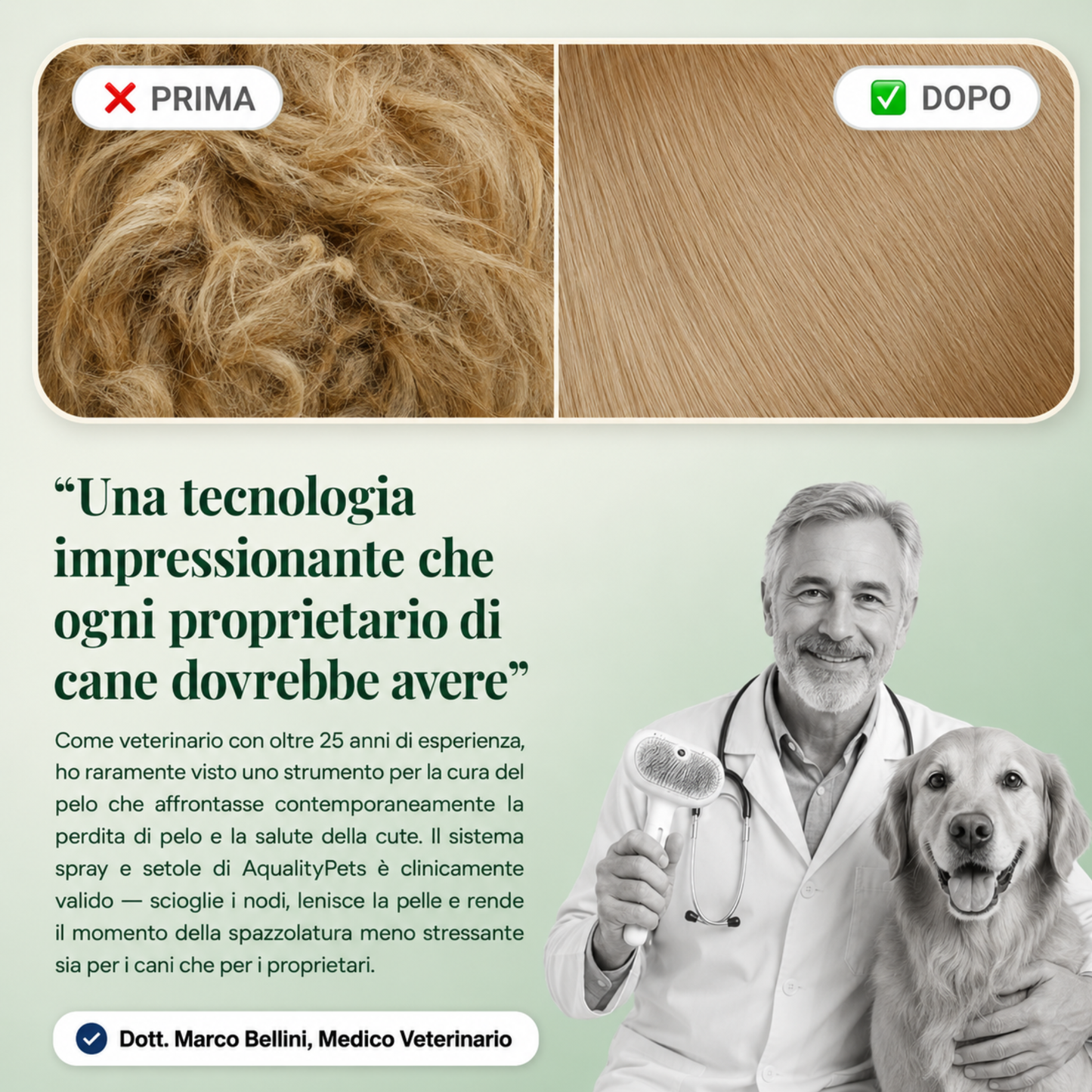 La Prima Spazzola che Rinfresca il Tuo Cane in 2 Minuti. Senza Acqua, Senza Stress.