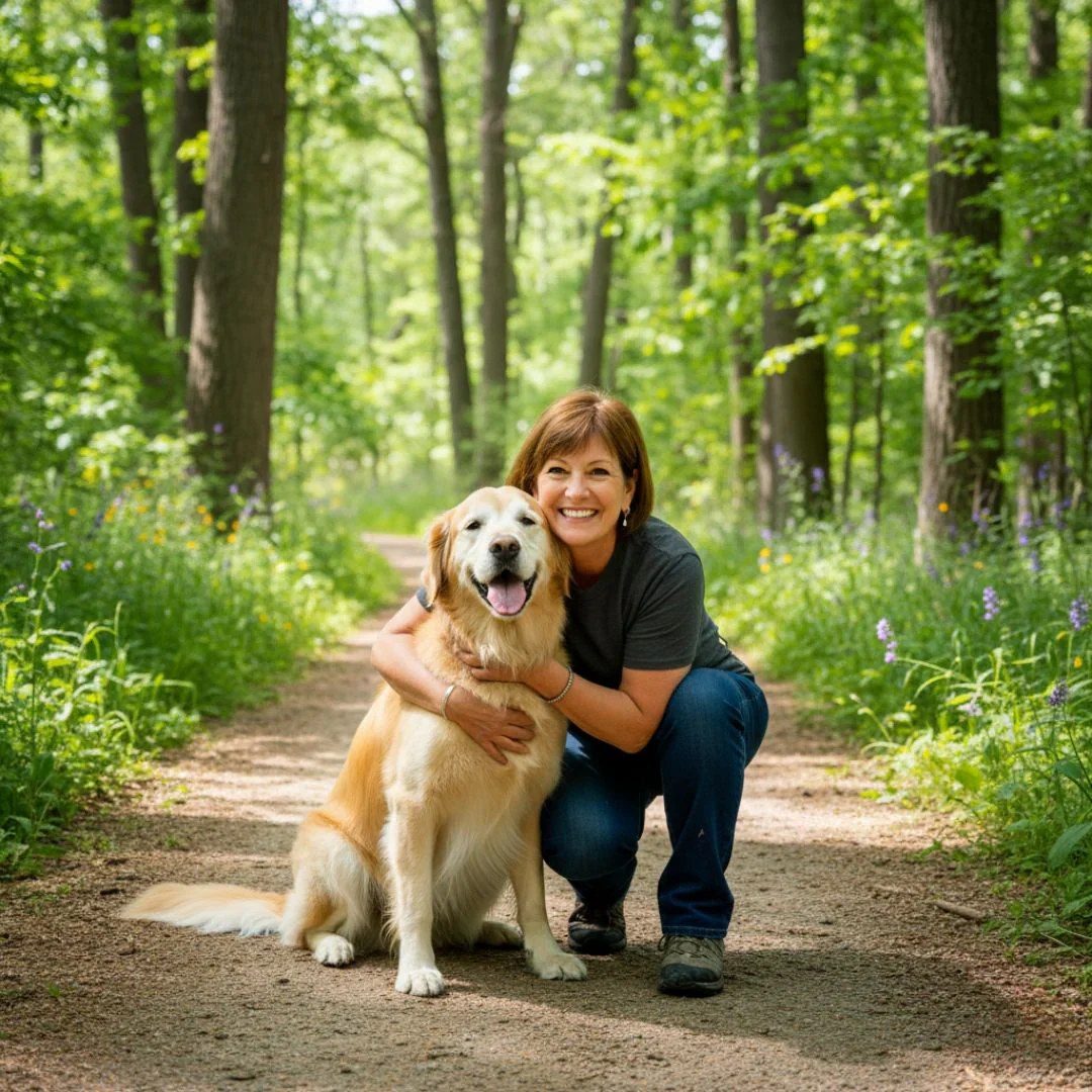 Proprietaria felice con il suo cane sano nel bosco